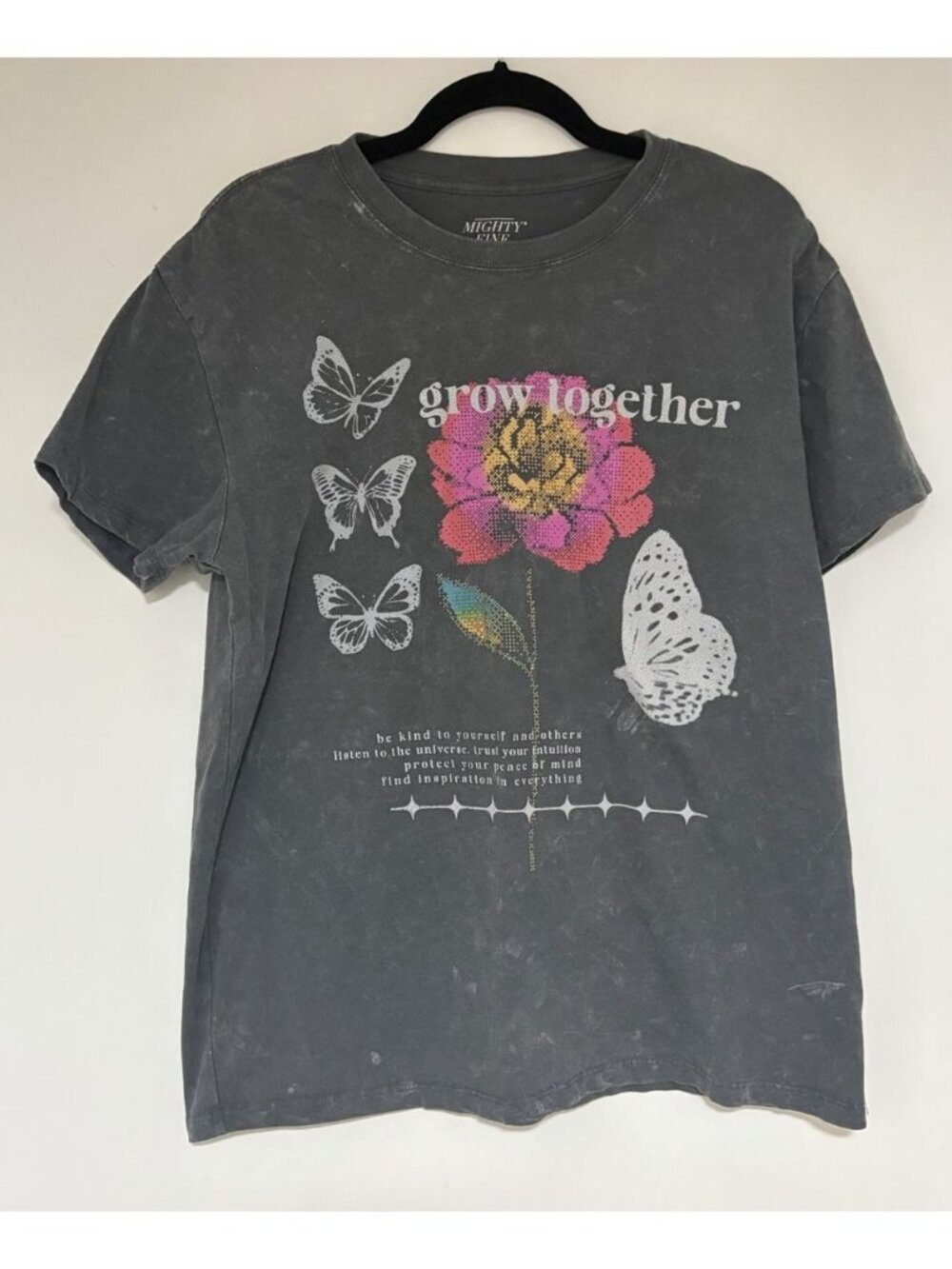 Mighty Fine Women’s Gray Distressed Graphic Tee Shirt Size XS Positive Butterfly